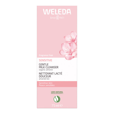 Weleda Gentle Milk Cleanser packaging with pink floral design on a white background.