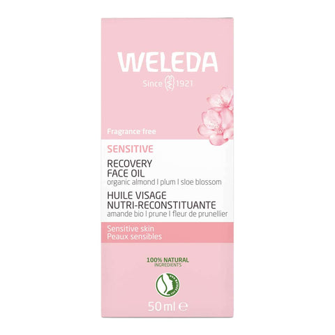 Weleda Recovery Face Oil cardboard box packaging on a white background.