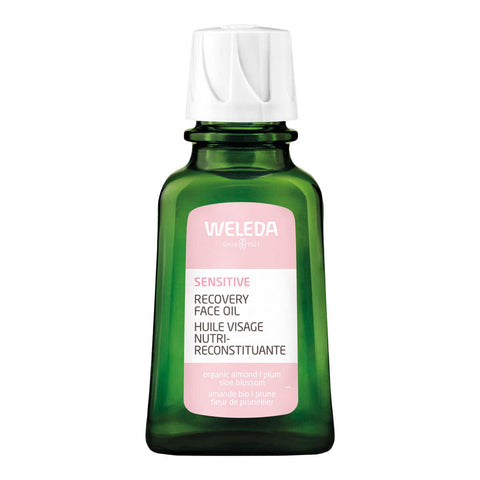 Green 50ml bottle of Weleda Sensitive Recovery Face Oil with a pink label on a white background.