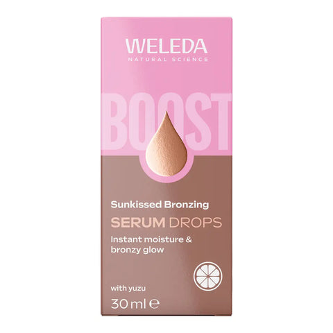 A 30ml box of Weleda Sunkissed Bronzing Serum Drops, featuring a pink and brown color-blocked design with a teardrop-shaped graphic.