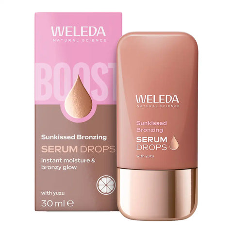 Weleda Sunkissed Bronzing Serum Drops in a 30ml bottle next to its pink and brown packaging box.