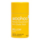 A yellow cylindrical deodorant stick container with white text reading 'woohoo Natural Deodorant & Anti-Chafe Stick' and 'MELLOW Unscented'.