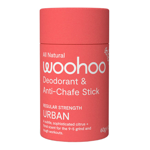 Red deodorant stick with 'woohoo' branding on a white background