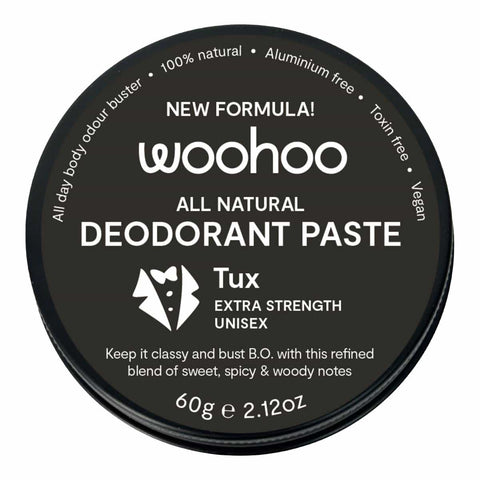 Woohoo All Natural Deodorant Paste - Tux. Refined blend of sweet, spicy & wooden notes.
