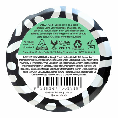 Back of Woohoo All Natural Deodorant Paste Tin with ingredients and product details.