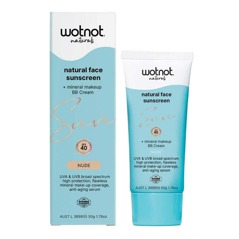 Front of Wotnot Natural Face Sunscreen SPF 40 tube and box packaging. Nude tint.