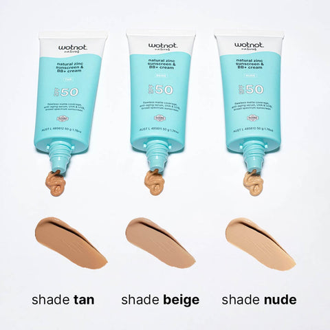 Three tubes of Wotnot BB cream sunscreen with 3 different shades on a white background.