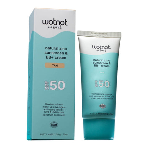 Wotnot natural zinc sunscreen & BB+ cream packaging with SPF 50 on a white background. Tan colour.