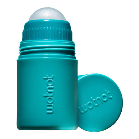 Turquoise roll-on sunscreen with lid off on a white background