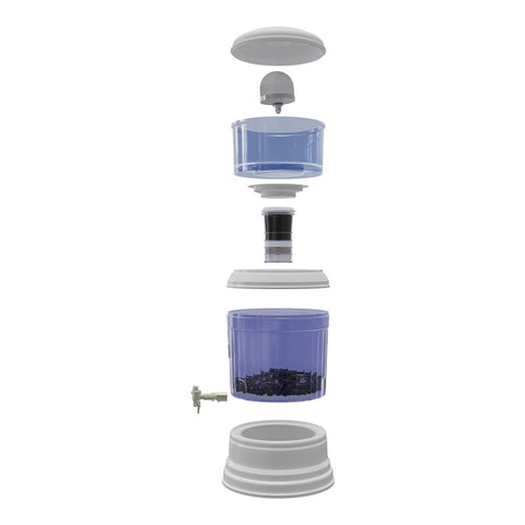 Exploded view of zazen Water Alkaline Water Filter System - BPA Free Plastic Bottom Tank.
