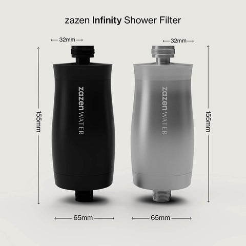 zazen Water Infinity Shower Filter in black and silver with dimensions on a white background.