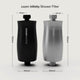 zazen Water Infinity Shower Filter in black and silver with dimensions on a white background.