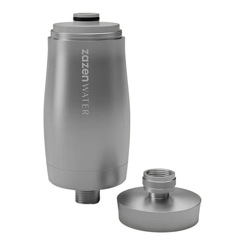 zazen Water Infinity Shower Filter with detachable cap on a white background.