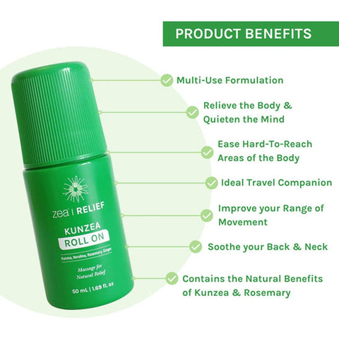 Kunzea roll on benefits infographic. Relieve the body & quieten the mind. Improve range of motion.