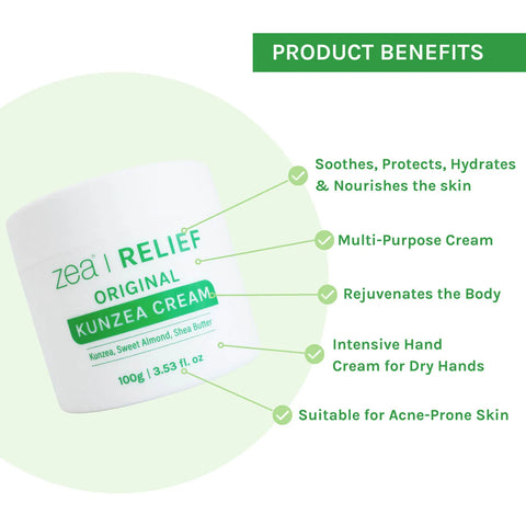 Kunzea cream packaging with product benefits listed on a green background. Multi-purpose healing skin balm suitable for sensitive skin types.