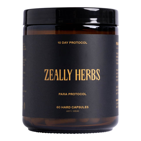 Zeally Herbs Para Protocol - 10 day protocol. 60 hard capsules. Black container and label with gold details on a white background.